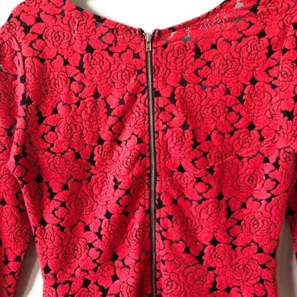 Mink Pink- Mini Dress Red Black And Red Rose Jacquard Dress - Picture 6 of 8